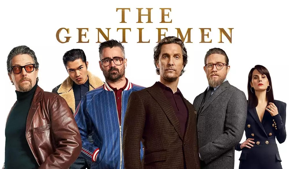 Film poster The Gentlemen poster featuring Hugh Grant, Matthew McConaughey, Charlie Hunnam, Michelle Dockery, Colin Ferrell and Henry Golding. Directed by Guy Ritchie