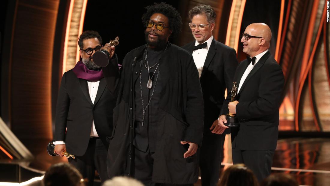 Questlove, Joseph Patel, Robert Fyvolent & David Dinerstein accepting their award at the Oscars 2022 for Summer of Soul