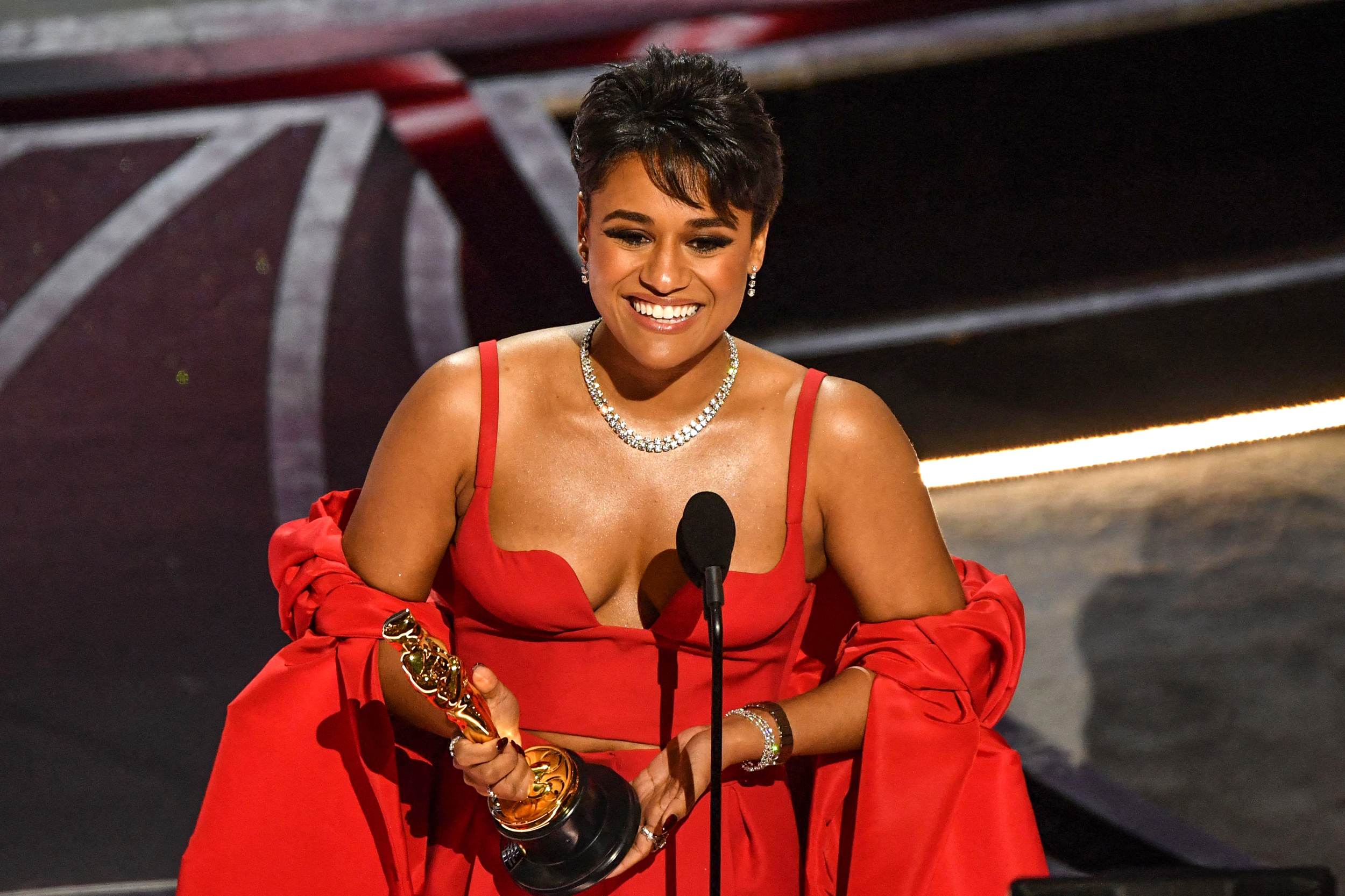 Ariana DeBose accepting her award at the Oscars 2022 for West Side Story